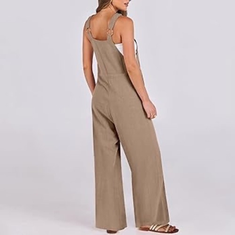 Womens Wide Leg Jumpsuit Overalls Jumpsuit Tan Brown V Neck Sleeveless Homestead - Picture 1 of 13